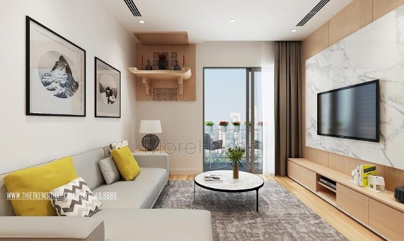 Vách ốp tường đá nhân tạo vân mây được coi là điểm nhấn ấn tượng tạo nên sự tinh tế của khu vực tiếp khách