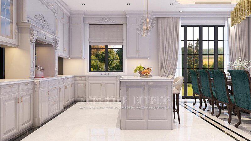 Gợi ý lựa chọn tủ bếp gỗ sồi phun sơn cao cấp kết hợp quầy bar cho nhà biệt thự