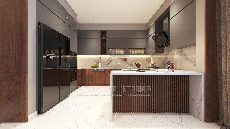 Trang trí nội thất phòng bếp đẹp từ gỗ An Cường cao cấp kết hợp cùng đá ốp bếp sang trọng.
