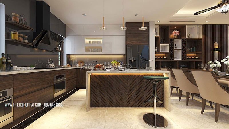 Bàn đảo bếp được thiết kế kiểu quầy bar sang choảnh, mới mặt quầy ốp đá tự nhiên màu trắng vân mây cao cấp