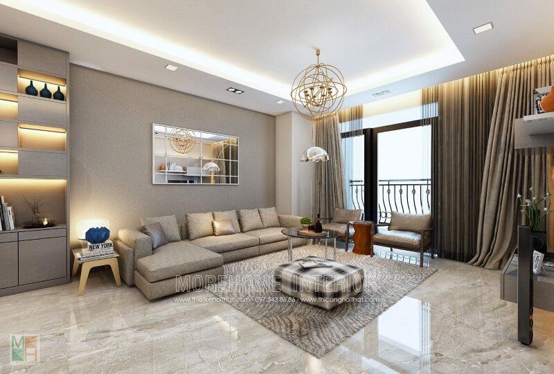 Sofa góc L bọc nỉ màu ghi cùng tone với đồ nội thất trong phòng, tạo cảm giác hài hòa
